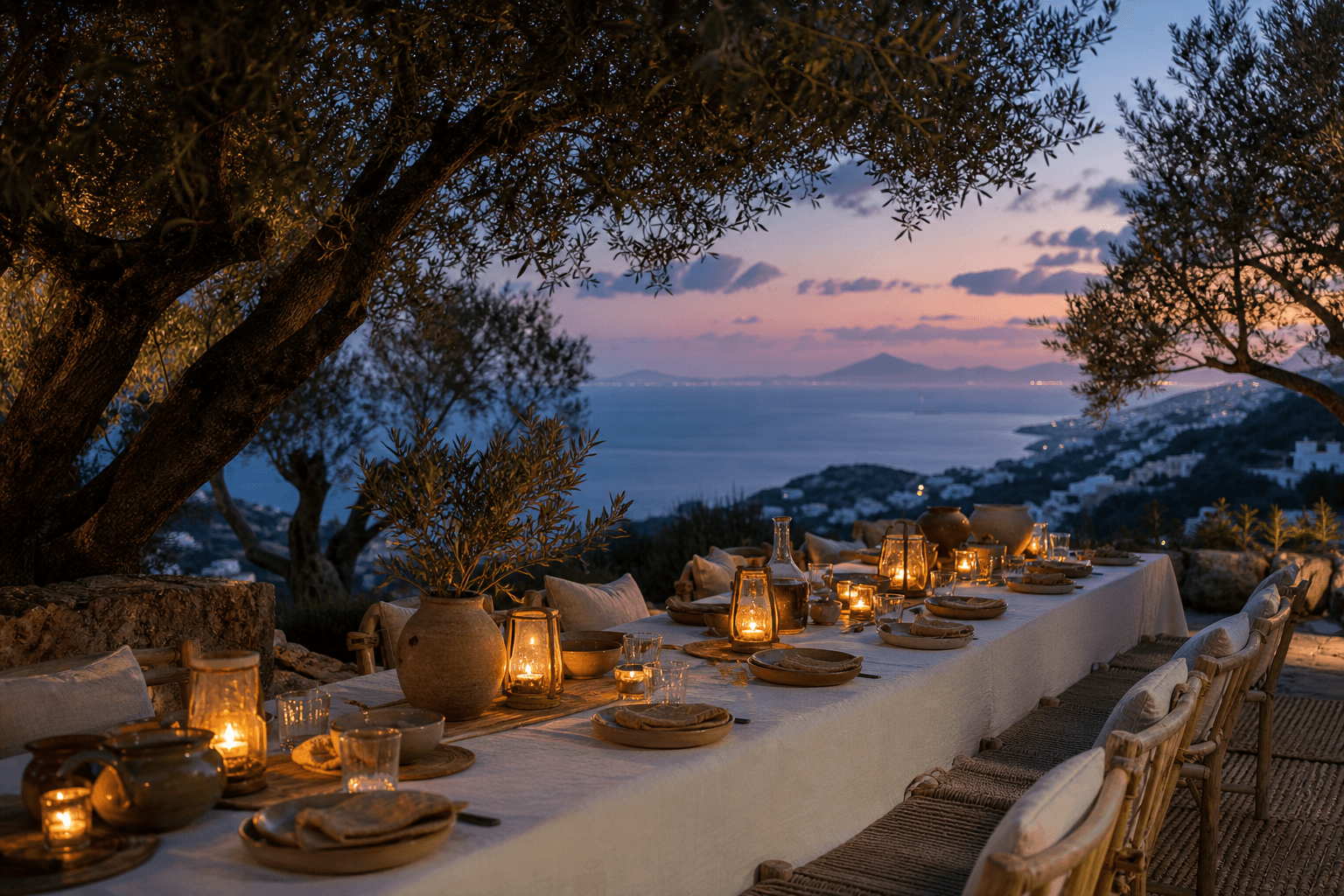 Candlelit private dinner beneath olive trees